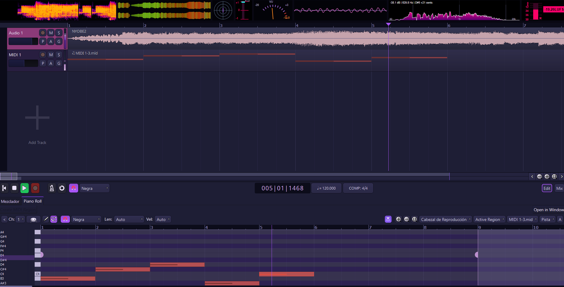 Phaedra en funcionamiento con una pista de audio, una pista MIDI y el piano roll